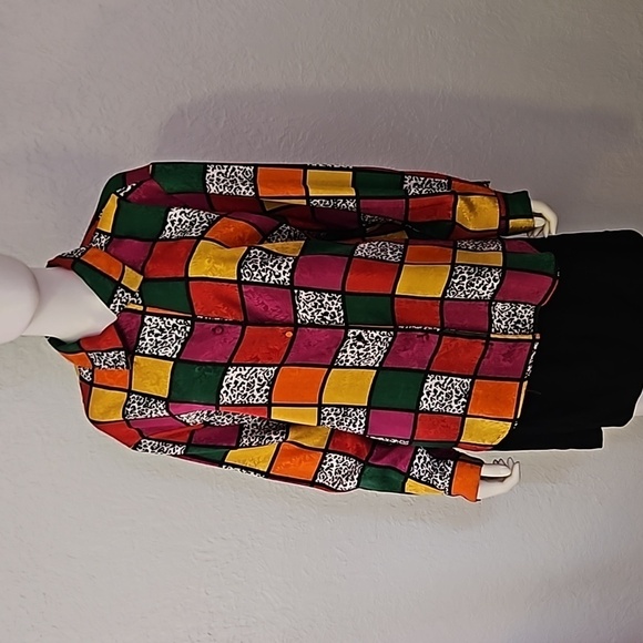 LAURA & JAYNE Colorful Satin Checkerboard Leopard Print Button Down Shirt - Picture 3 of 6